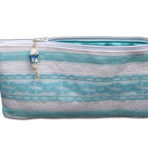 Turquoise Lace on White Zippered Pouch Makeup Bag NEW with Tags